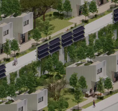 Rows of small pale houses with solar canopies and trees, seen from above, a cyclist on the path