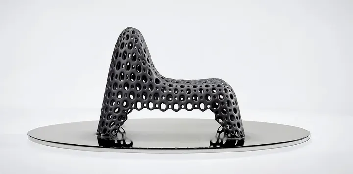 AVIAM SCAMNUM, a black 3D-printed lattice chair on a round mirror base