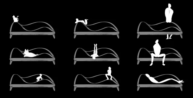 White drawings on black of the many ways to sit and lie on the Mountains Chair