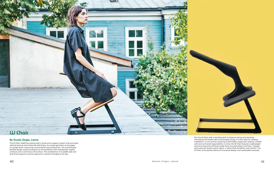 Spread with the W Chair, a kneeling chair on a yellow ground
