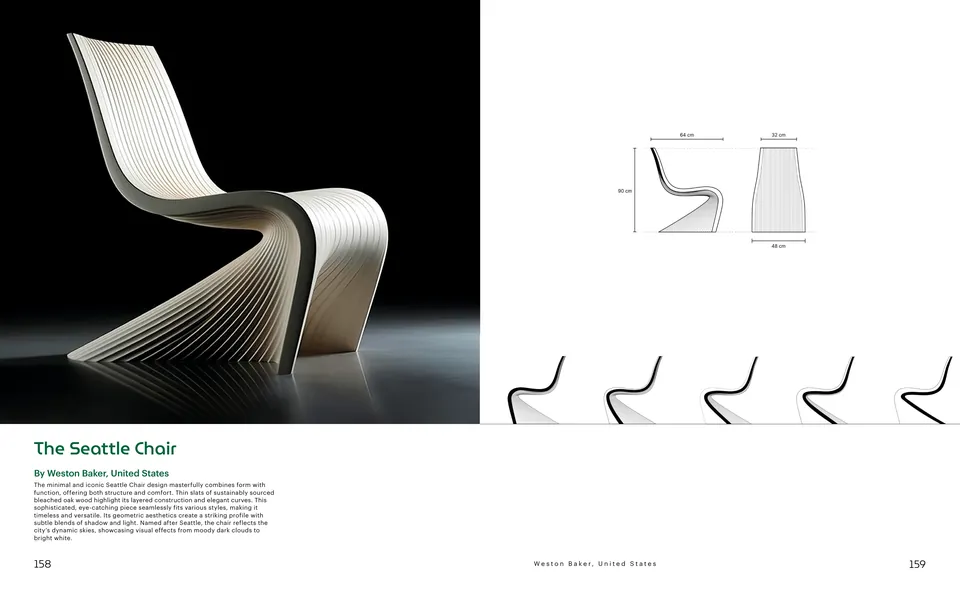 Spread with The Seattle Chair in layered bleached oak on black