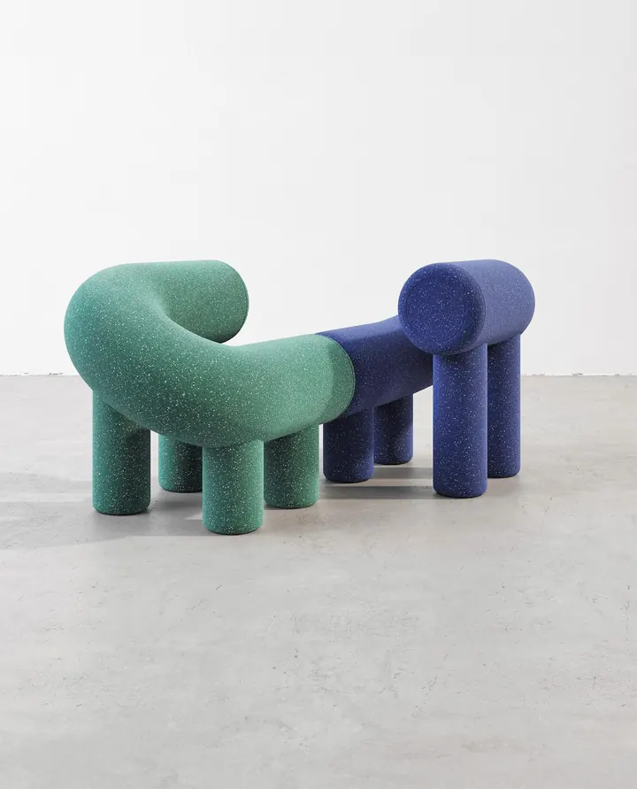 Umi Armchairs in green and blue, two soft cylinders on cylindrical legs