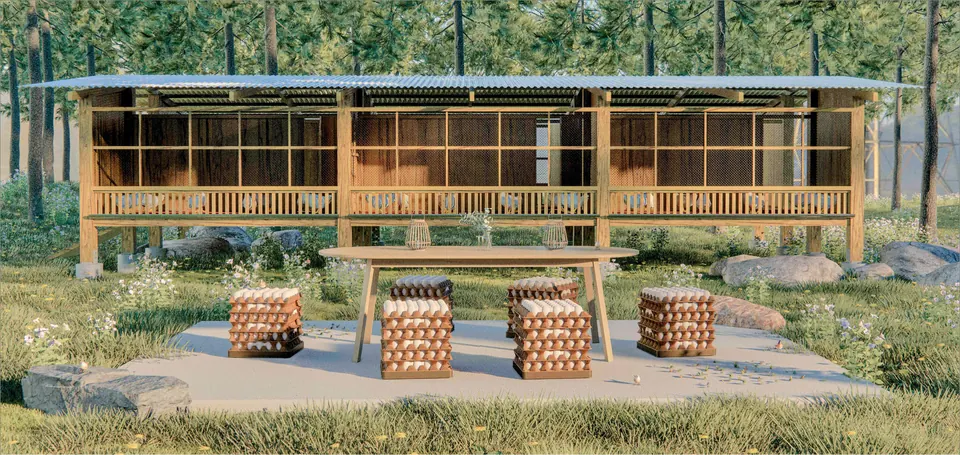 ALM seats in front of a wooden farmhouse on stilts