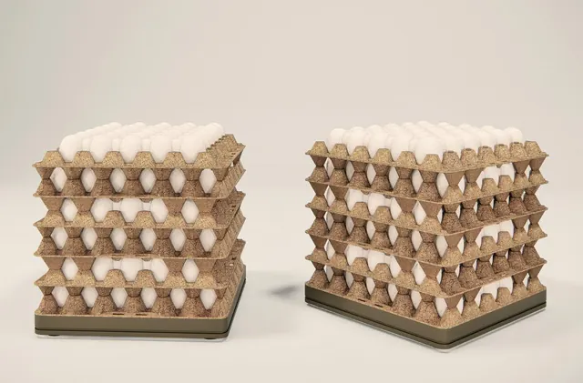 Two ALM seats stacked from egg-tray forms