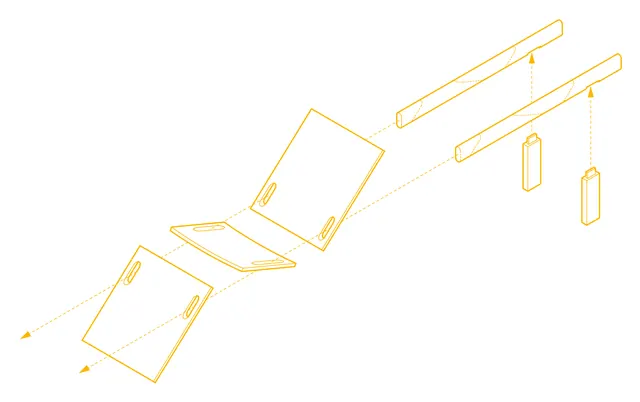 Exploded drawing in yellow lines showing how the Brochette boards and beams fit together