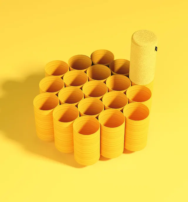 The hexagonal frame of the Noodle Chair with its yellow tubes