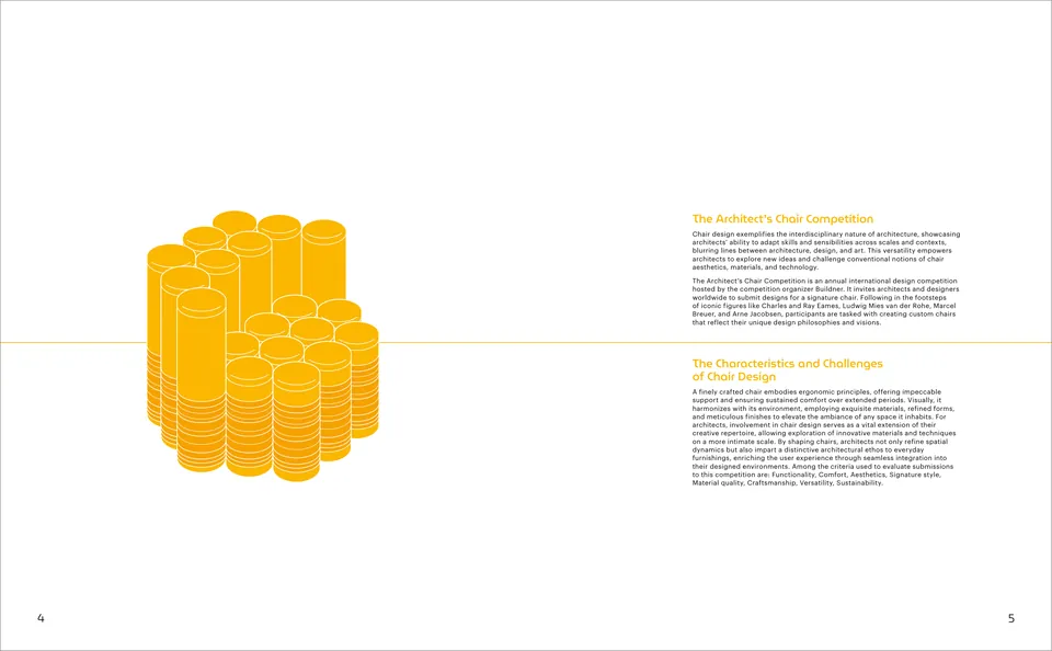 Opening spread: the competition text beside a sculpture of yellow tubes