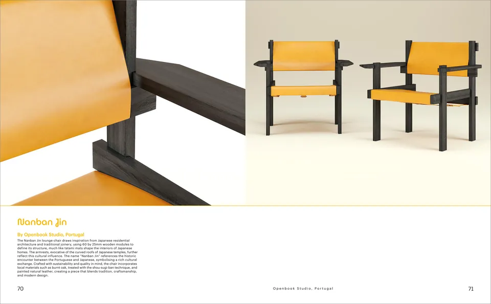 Spread with the Nanban Jin lounge chair in burnt oak and yellow leather