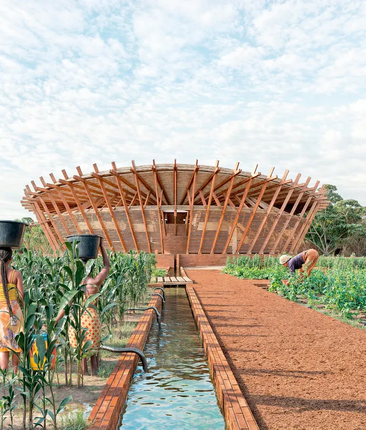 Le pavillon circulaire en bois au bout d’un potager surélevé et d’une rigole d’eau, avec du maïs qui pousse à côté