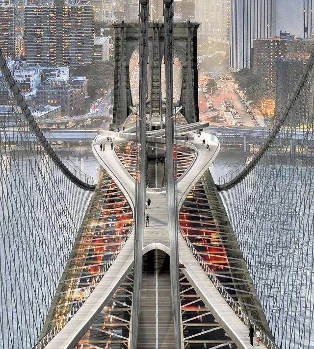 Le pont vu d’en haut, au-dessus de l’une de ses tours, la nouvelle passerelle se séparant pour la contourner