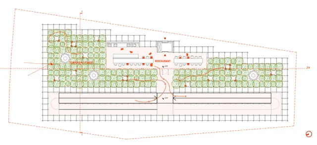 Le plan de toiture : une forêt temporaire autour d’un restaurant, au sommet des échafaudages