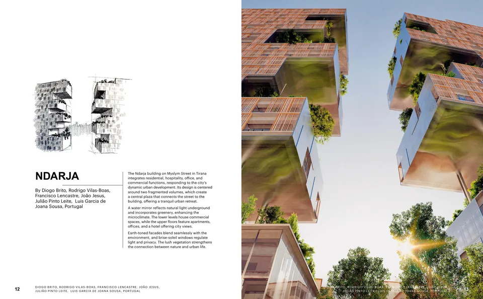 Un croquis à côté du texte du projet, et une vue en contre-plongée entre deux tours de boîtes empilées aux terrasses plantées
