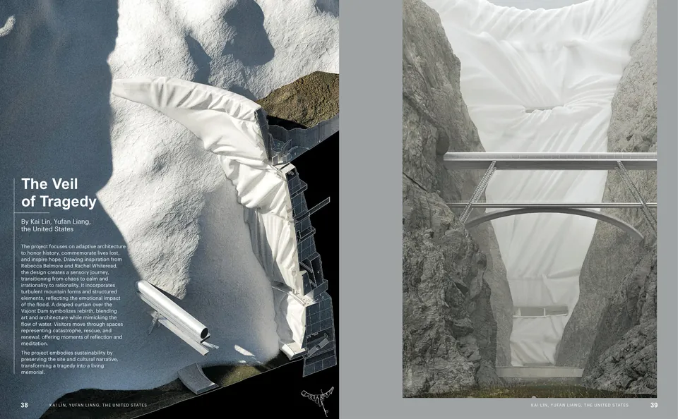 Un rideau blanc drapé sur un barrage de montagne, vu d’en haut et depuis la gorge en contrebas