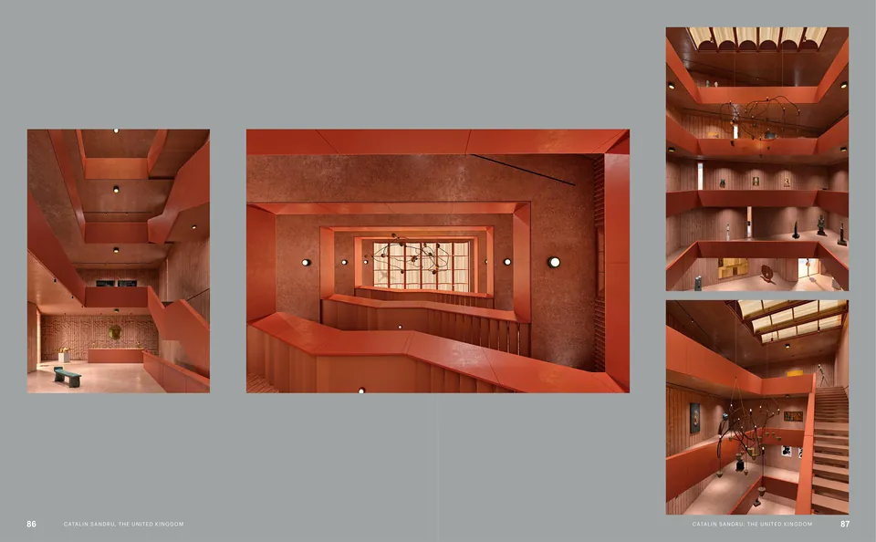 Quatre vues d’une galerie habillée de rouge, avec des escaliers et des balcons autour d’un hall tout en hauteur, sur une page grise