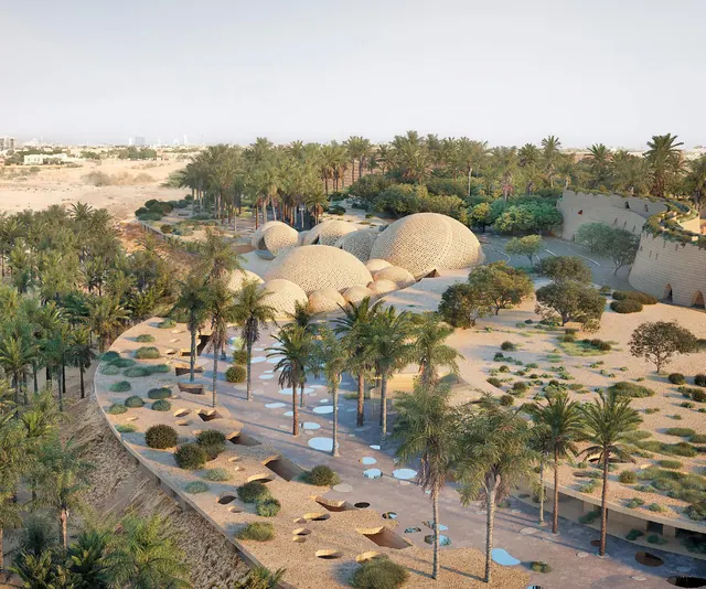 Les dômes vus d’en haut, parmi les palmiers et les chemins de sable, en bordure de l’oued