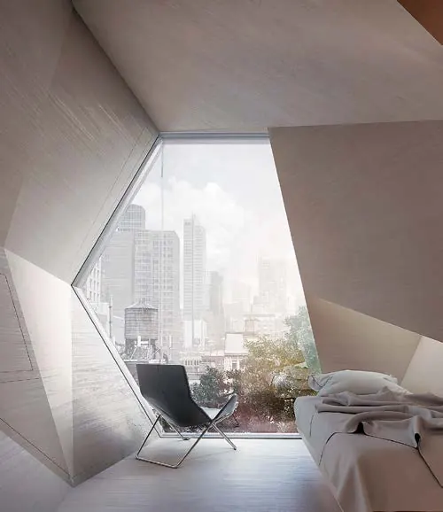 Inside a pod: a bed and a chair by a six-sided window onto the city