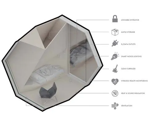 A drawing of one hexagonal module with its bed, storage and services