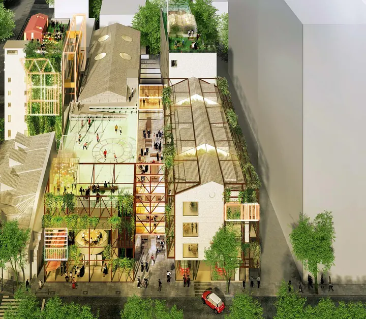 The Shanghai factory seen from above, its roofs and courtyard full of plants and people
