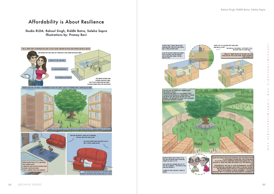A comic of a young couple and a home that grows with them, around a tree in a shared courtyard