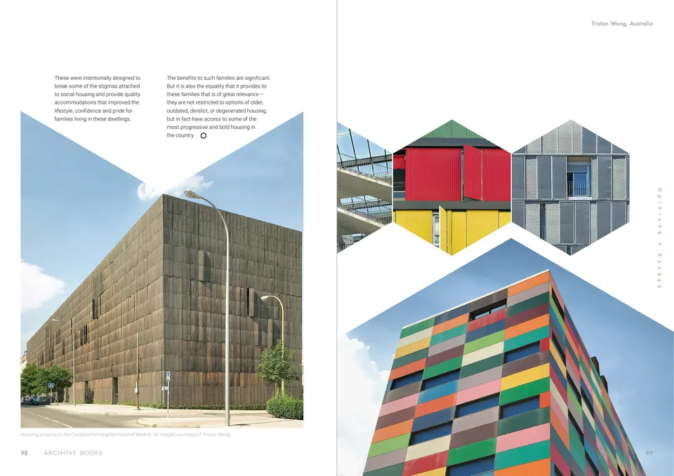 Social housing in Madrid: a block wrapped in brown timber slats, and facades in red, yellow and many colours