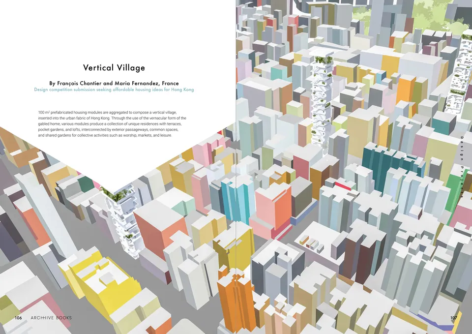 A drawing of Hong Kong in pastel blocks from above, with gabled homes stacked into a tall village