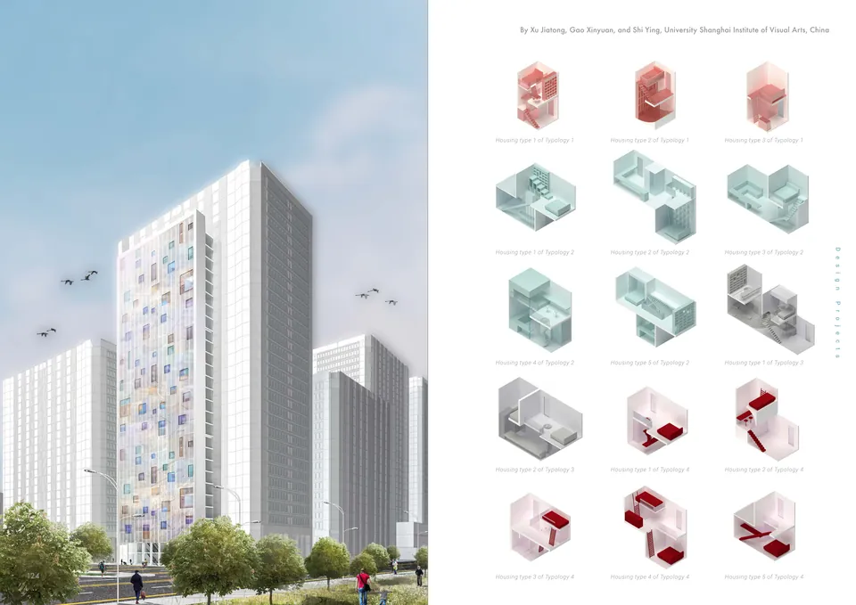 A slim white tower with colourful openings between two tall blocks, and a grid of its housing units