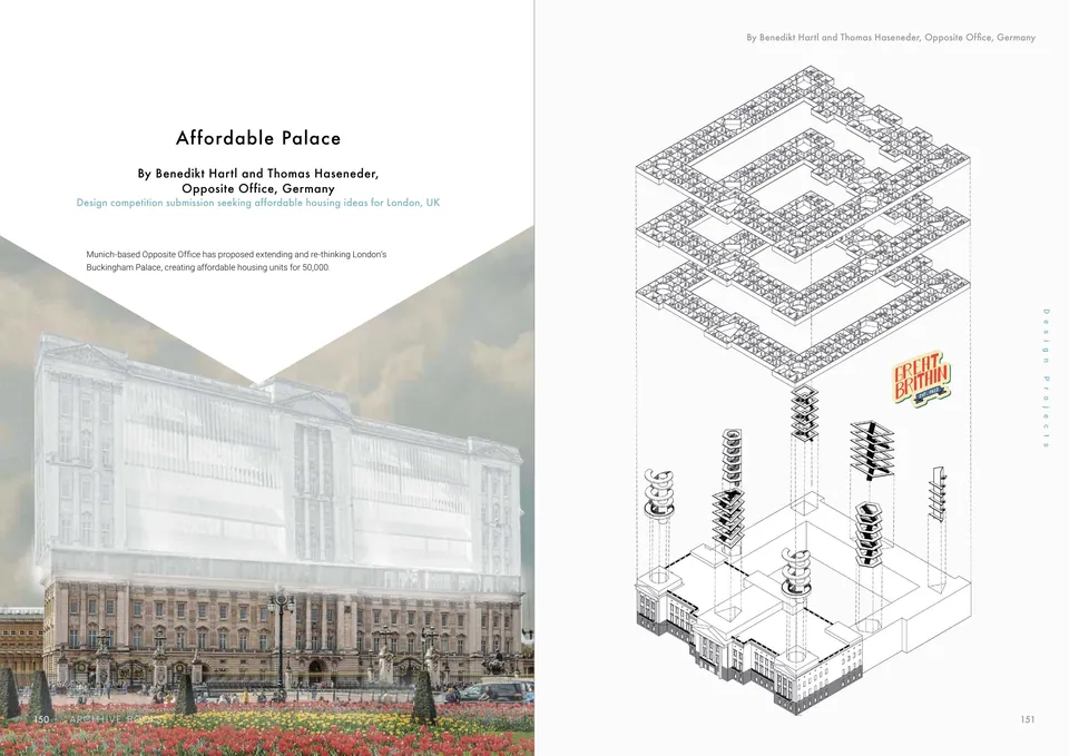 Buckingham Palace with a tall translucent block of homes rising behind its front, and an exploded drawing of its floors