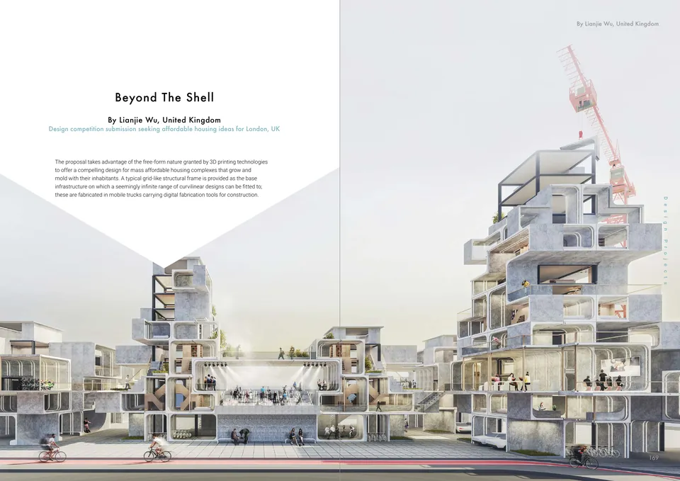 A street of curved 3D-printed housing shells stacked on a frame, a crane above