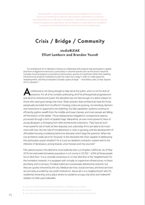 The first page of Crisis / Bridge / Community, by studioBLEAK: Elliott Lamborn and Brandon Youndt