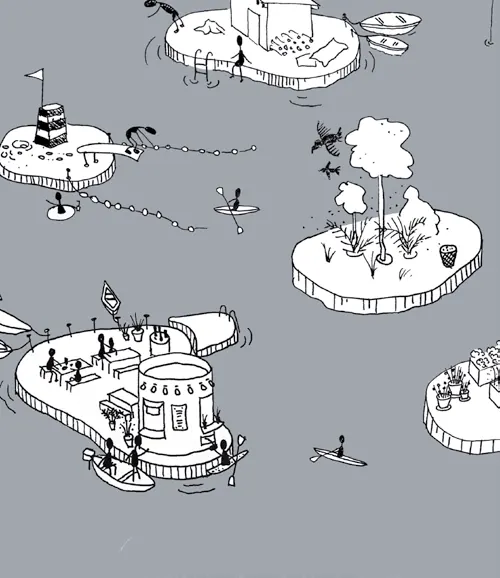 Un boceto de las islas previstas, con una sauna, jardines y bañistas