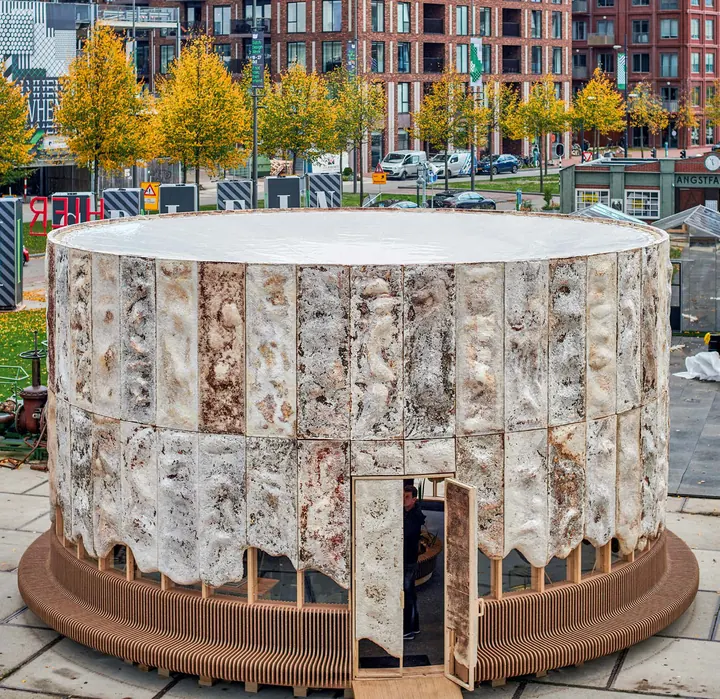 The round pavilion clad in pale mycelium panels on a timber base, on a city square