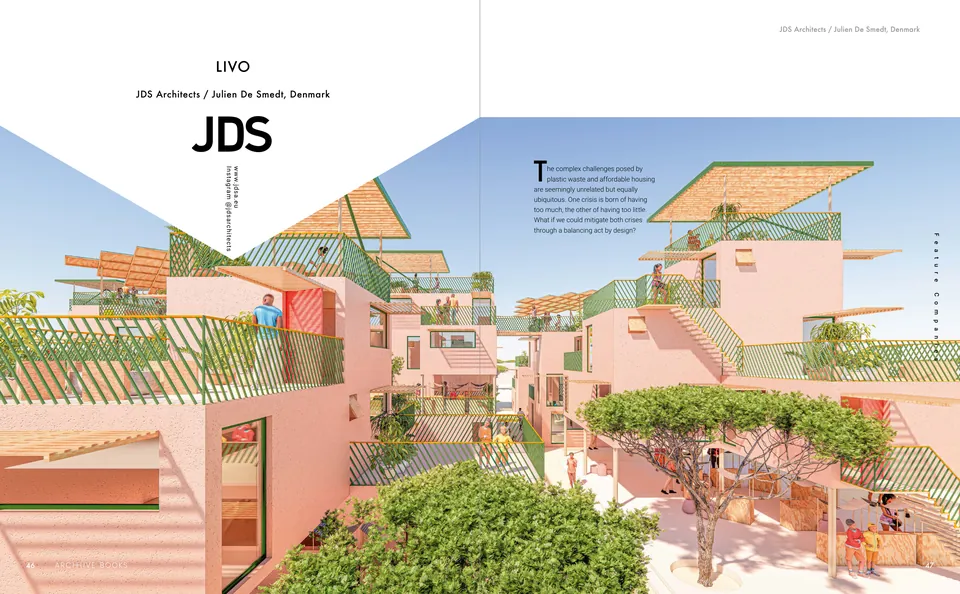 Pink modular homes with green lattice terraces and a tree in the courtyard between them