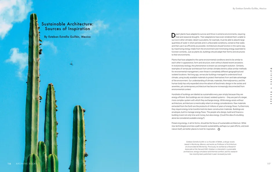 Tall cacti against a blue sky, beside a page of text