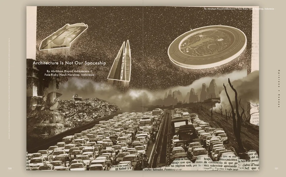 A sepia collage of a traffic jam and a smoking city, with buildings like spacecraft in the sky