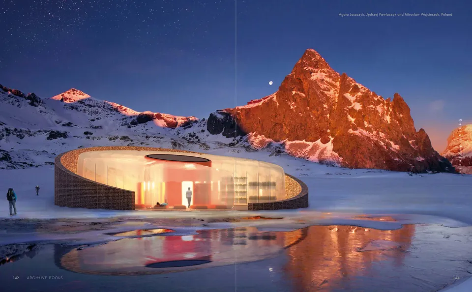 A glowing ring-shaped hut on the snow below a mountain lit red at dusk