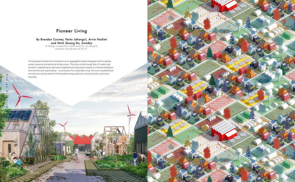 A street of small timber homes with wind turbines, and a colourful drawing of the neighbourhood from above