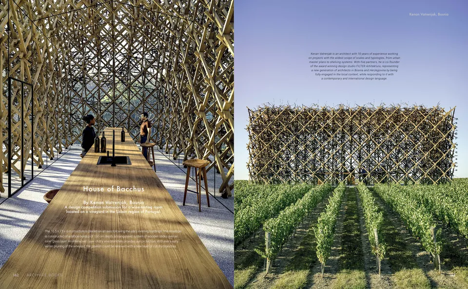 A long tasting table under a lattice of wooden sticks, and the lattice box standing over rows of vines