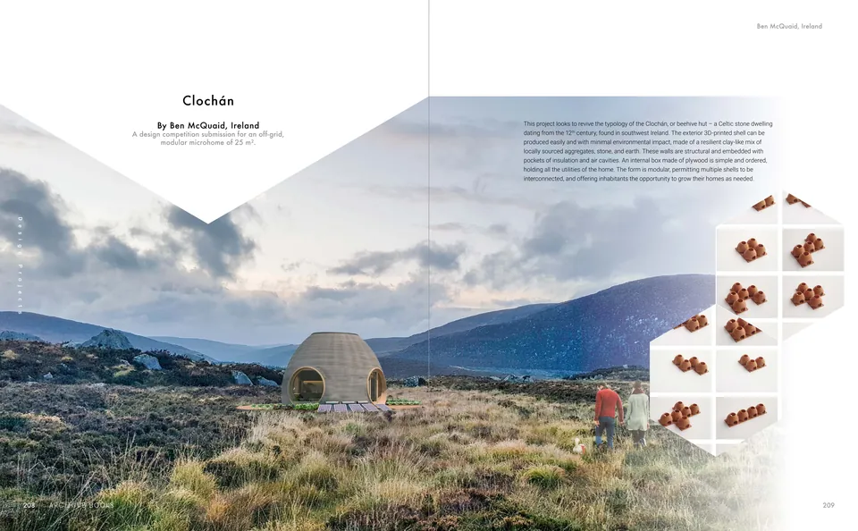 A domed earth hut in a moorland valley at dusk, beside a cluster of hexagonal modules